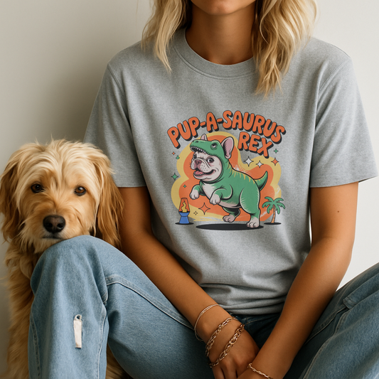 Person wearing a t-shirt with a dinosaur-themed graphic and text, sitting next to a dog.