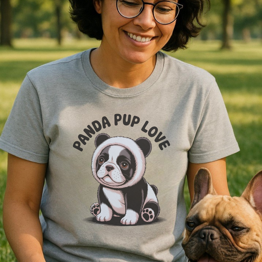 Person wearing a t-shirt with a panda dog graphic and 'Panda Pup Love' text, standing outdoors.