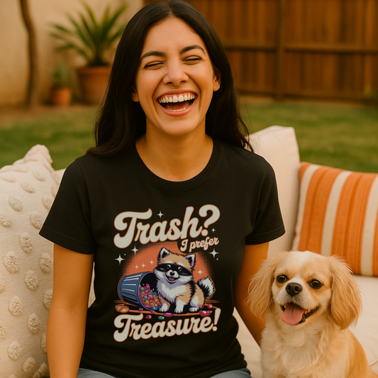 Woman wearing a black t-shirt with a raccoon graphic and text, sitting outdoors with a dog.