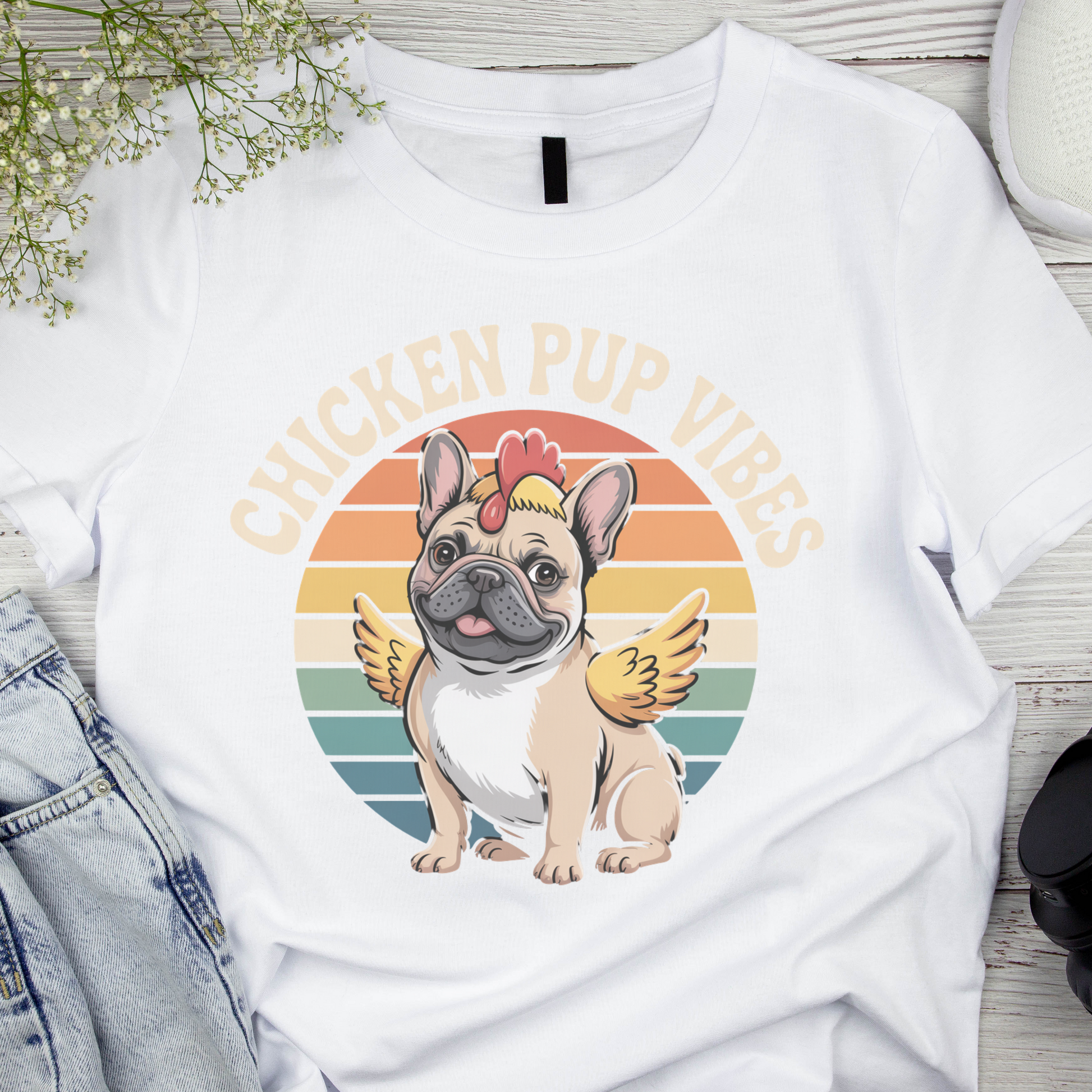 White t-shirt with a dog graphic and 'Chicken Pup Vibes' text on a wooden surface.