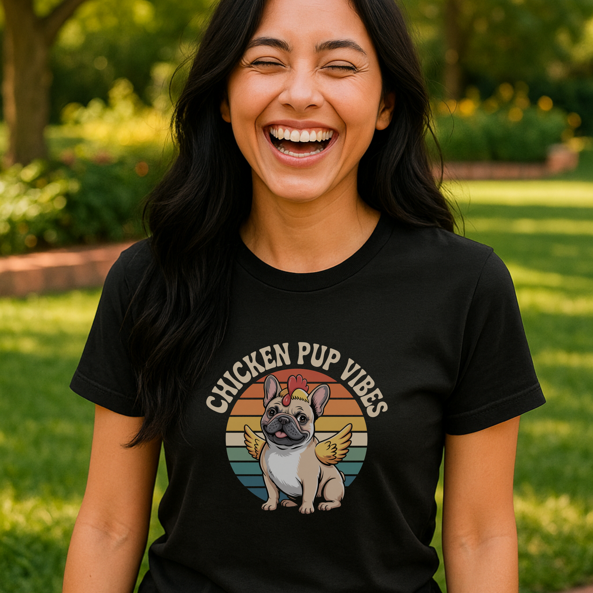 Person wearing a black t-shirt with 'Chicken Pup Vibes' graphic in an outdoor setting