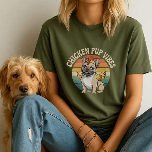 Person wearing a green t-shirt with a dog graphic and 'Chicken Pup Vibes' text, sitting next to a dog.