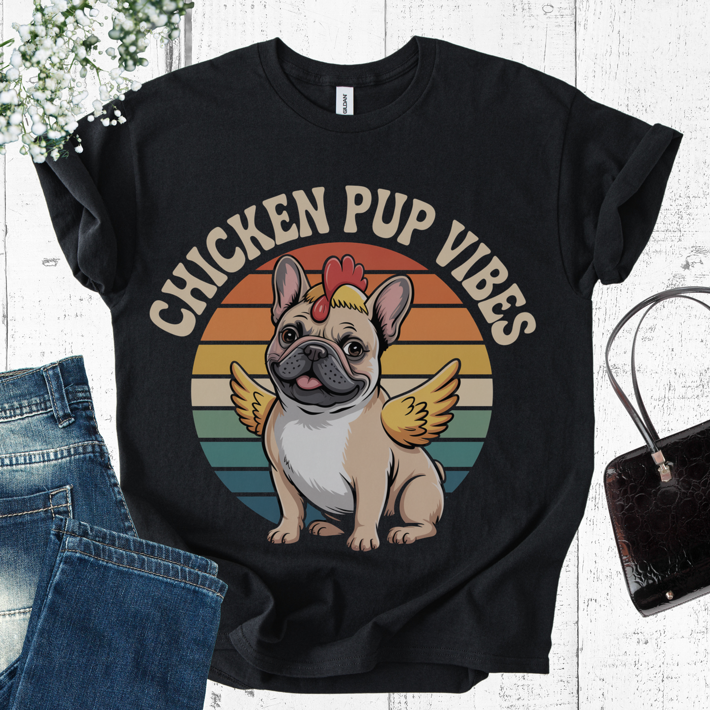 Black t-shirt with 'Chicken Pup Vibes' design featuring a dog with chicken wings on a white background.