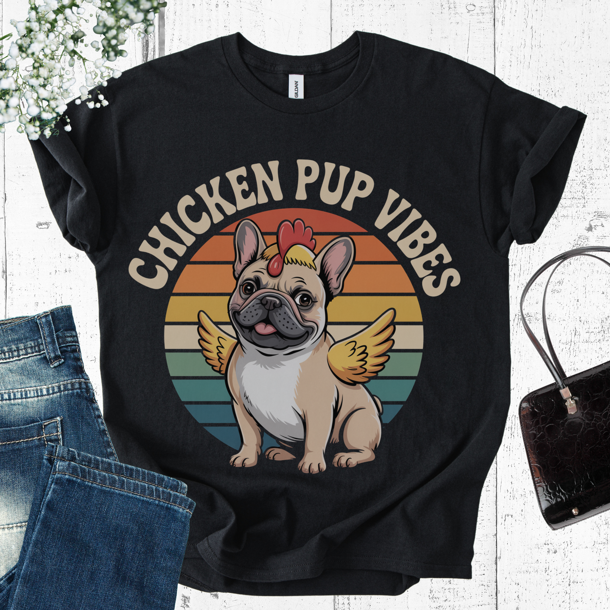 Black t-shirt with 'Chicken Pup Vibes' design featuring a dog with chicken wings on a white background.