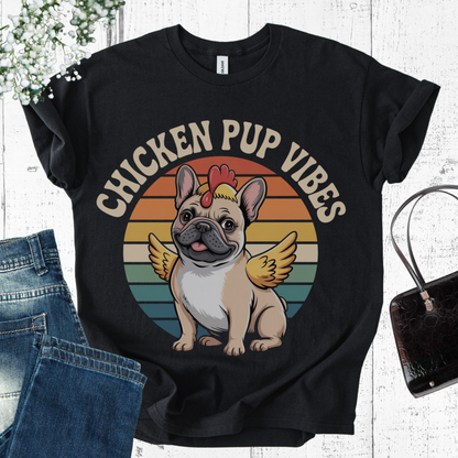 Black t-shirt with 'Chicken Pup Vibes' design featuring a dog with chicken wings on a white background.