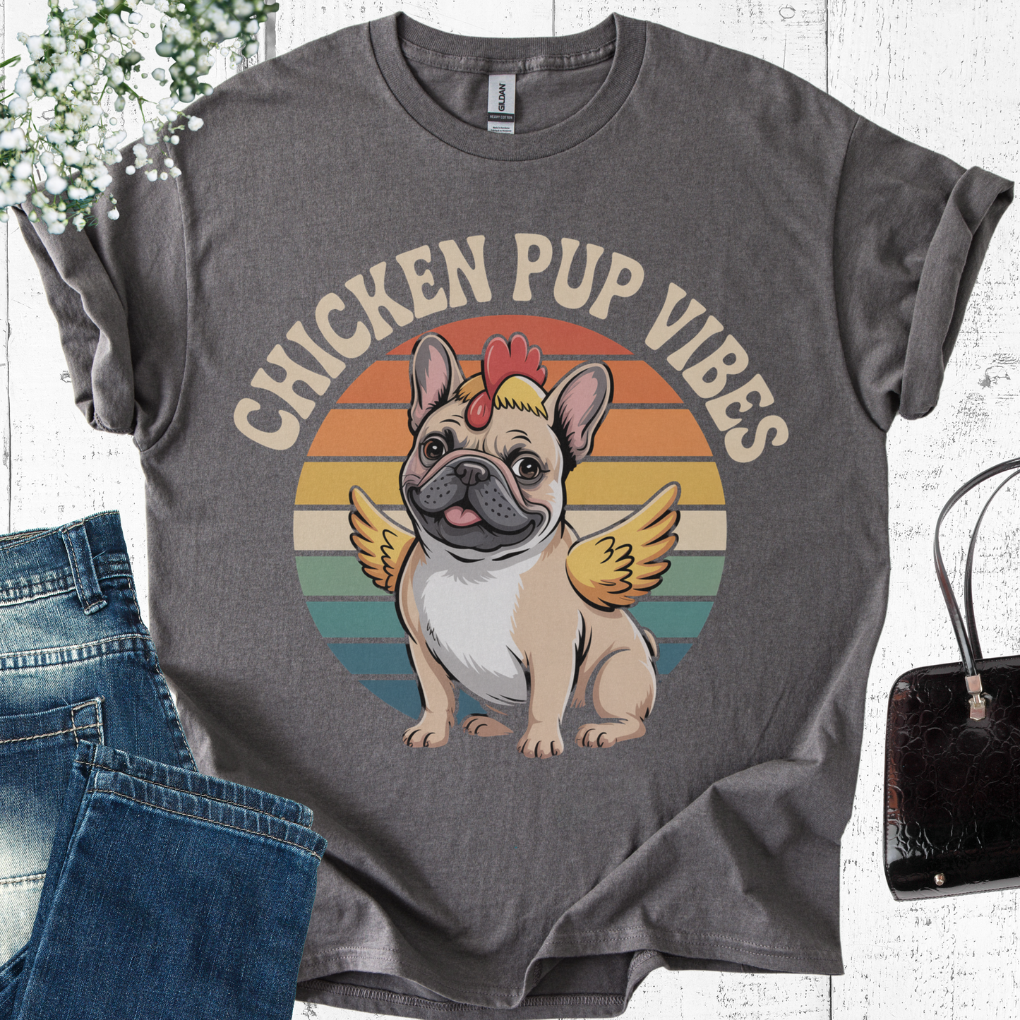 Gray t-shirt with 'Chicken Pup Vibes' design featuring a dog with chicken wings on a sunset background.