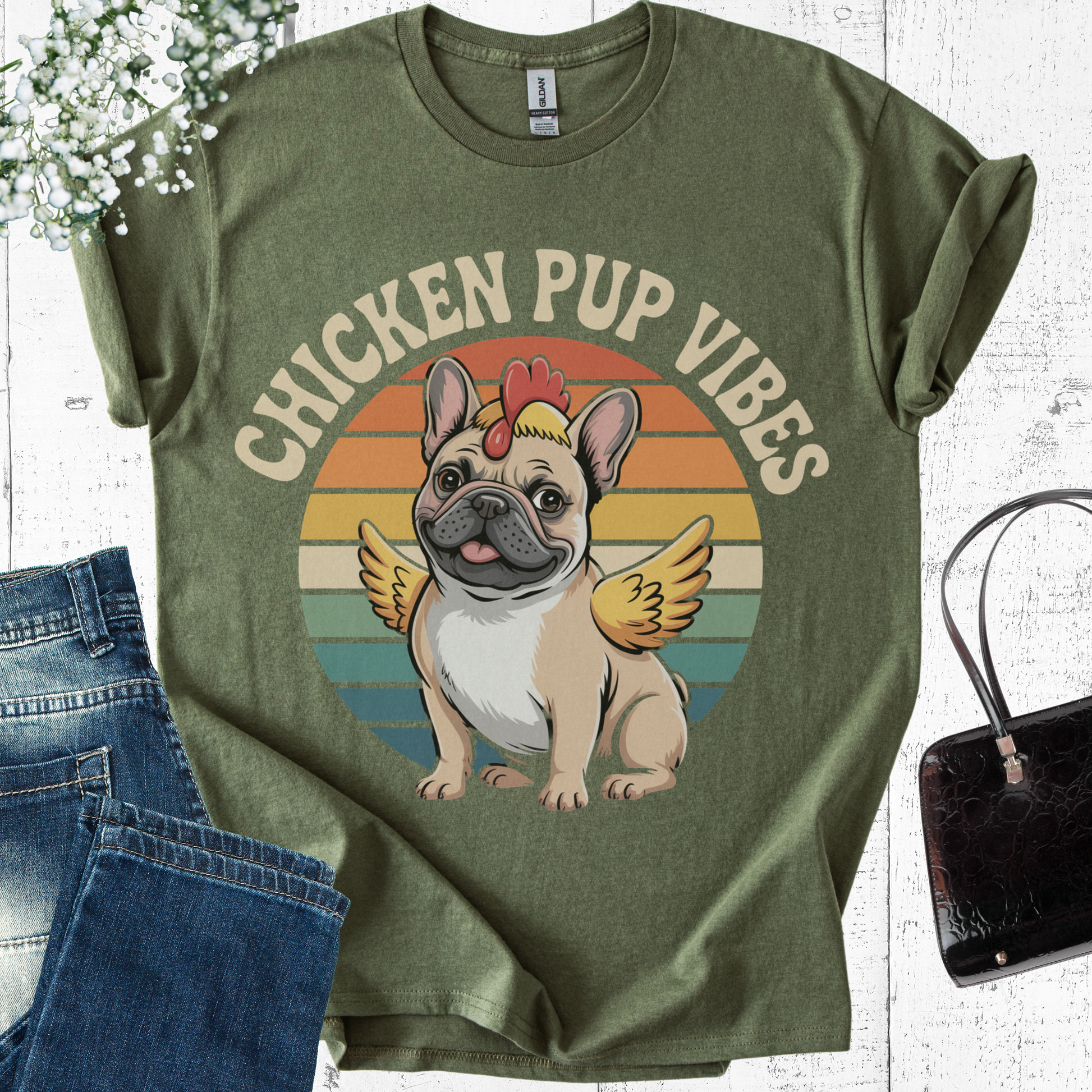 Green t-shirt with a dog graphic and 'Chicken Pup Vibes' text on a white background