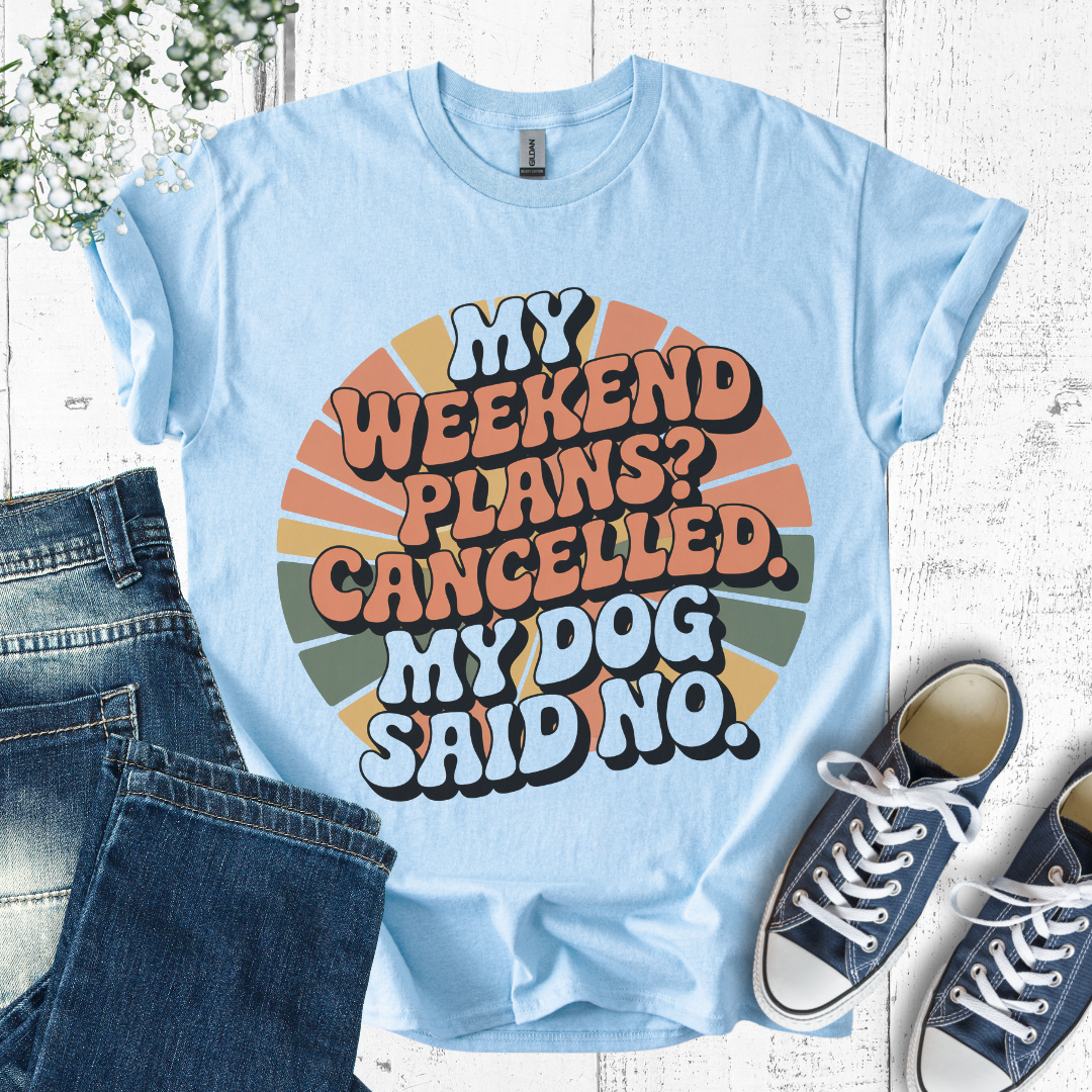 Light blue t-shirt with colorful text design on a wooden surface with jeans and sneakers.