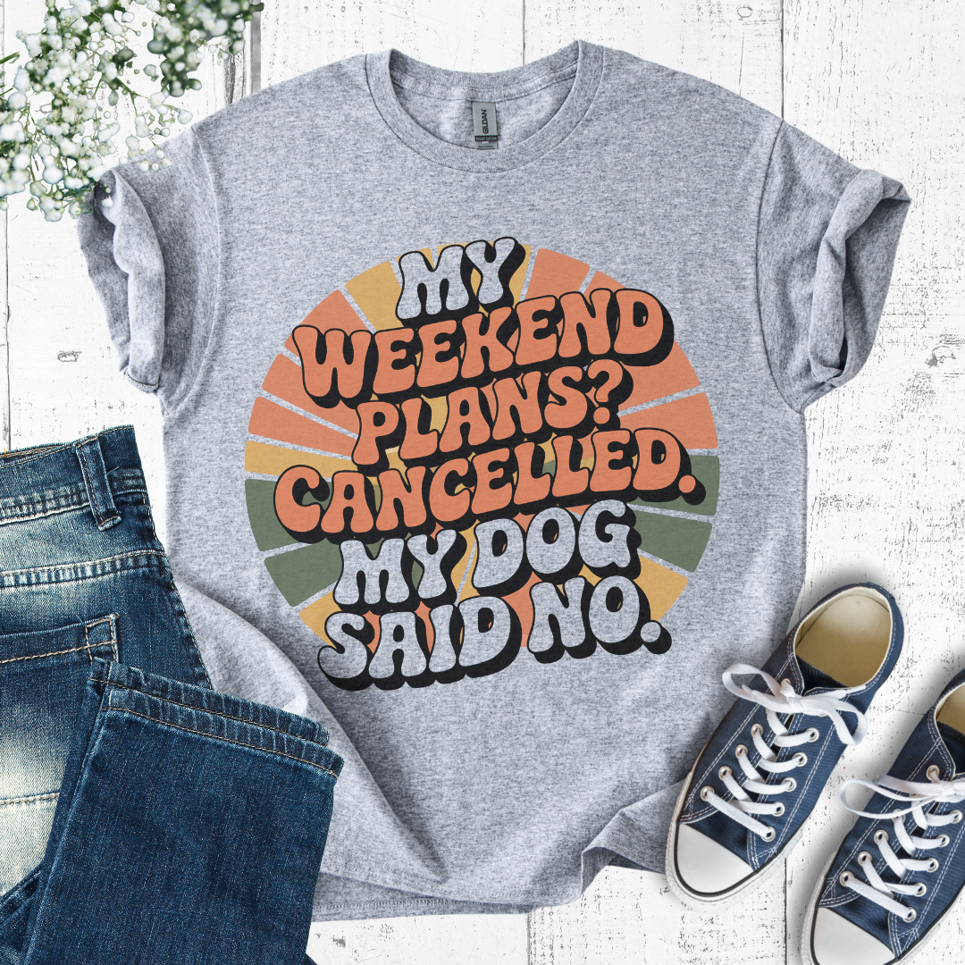 Gray t-shirt with colorful text design on a white background