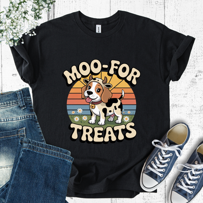 Black t-shirt with a cow-themed graphic and text 'MOO-FOR TREATS' on a white background.