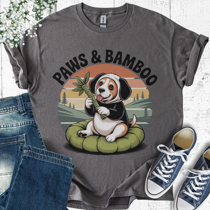 Gray t-shirt with a dog graphic and 'Paws & Bamboo' text, displayed with jeans and sneakers.