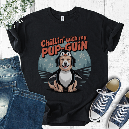 Black mockup t-shirt with text and penguin graphic saying: Chillin' with my Pup-Guin