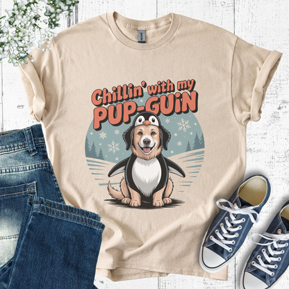 Beige mockup t-shirt with text and penguin graphic saying: Chillin' with my Pup-Guin