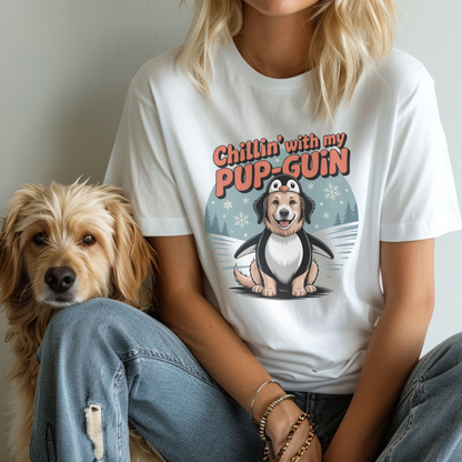 White mockup t-shirt with text and penguin graphic saying: Chillin' with my Pup-Guin