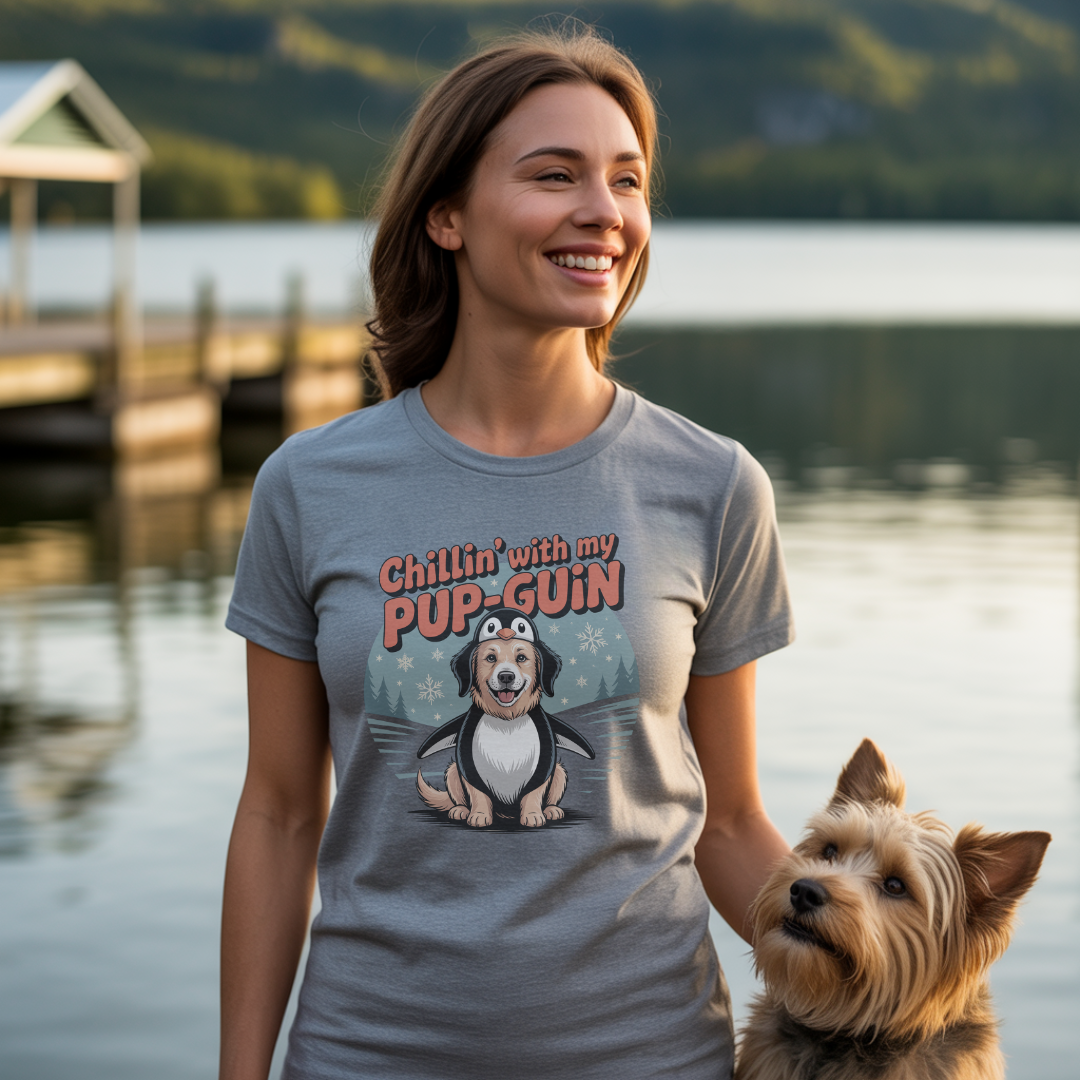Woman wearing a t-shirt with a dog and penguin graphic by a lake