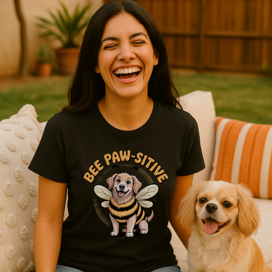 Woman wearing a black t-shirt with a dog graphic and text, sitting outdoors with a dog.