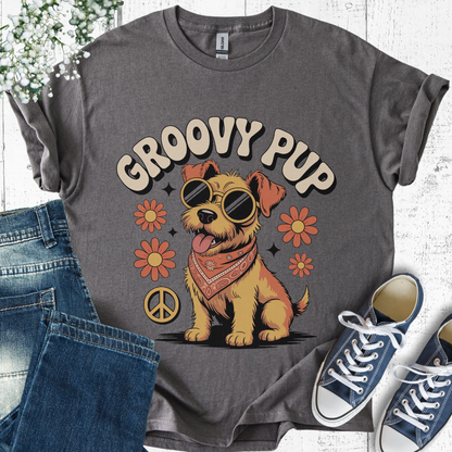Gray t-shirt with 'Groovy Pup' design featuring a dog, flowers, and peace symbol, displayed with jeans and sneakers.