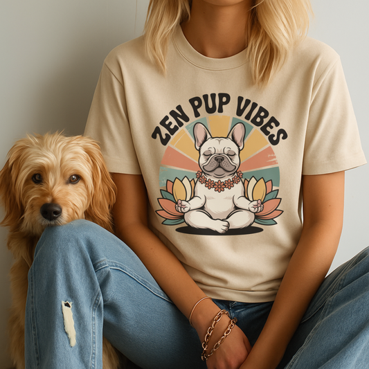 Person wearing a t-shirt with a dog graphic and 'Zen Pup Vibes' text, sitting next to a dog.