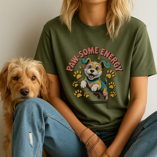 Person wearing a green t-shirt with a dog graphic and 'PAW-SOME ENERGY' text, sitting next to a dog.