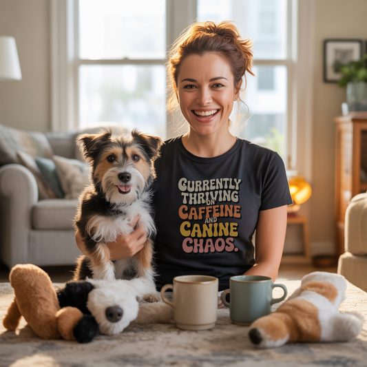 Woman holding a dog in a living room with coffee mugs and plush toys.