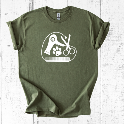 Green t-shirt with a white graphic design on a wooden surface