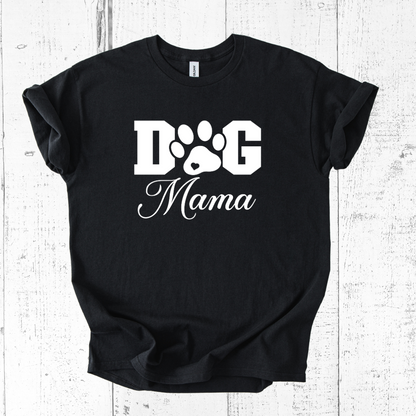 Black t-shirt with 'Dog Mama' text and paw print design on a white wooden background