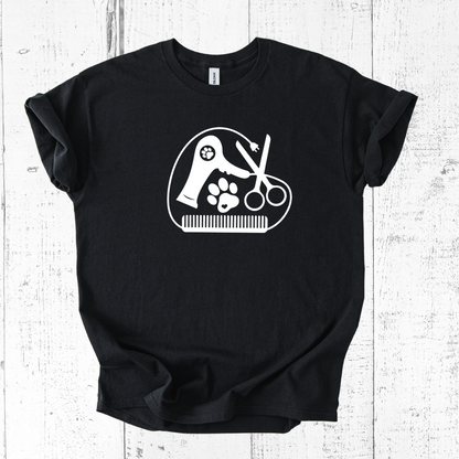 Black t-shirt with a white graphic design on a wooden surface
