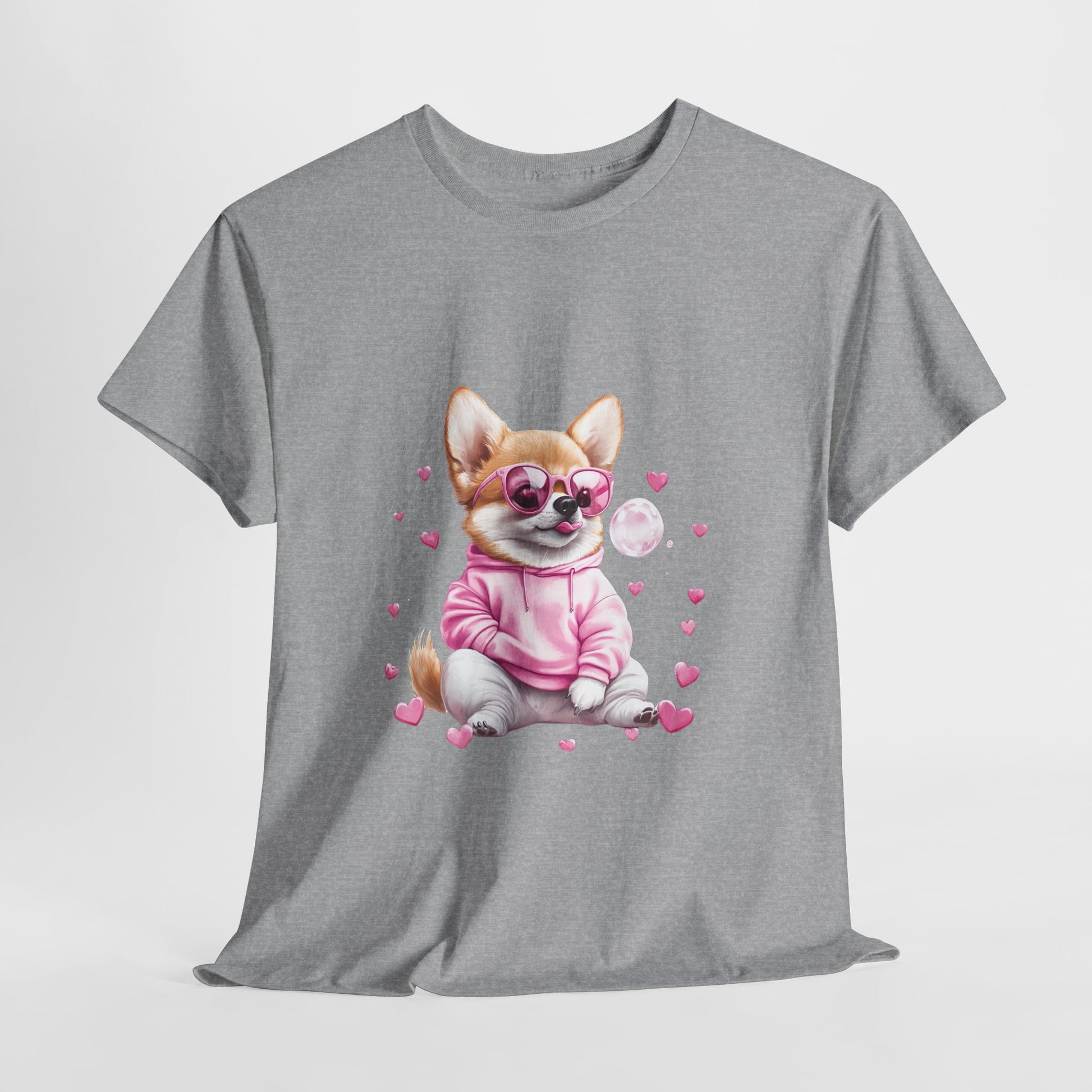 Funny 'Butt Queen' Corgi t-shirt featuring a kawaii-style dog with tongue out and pink hearts - unisex dog lover apparel