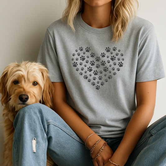 Person wearing a gray t-shirt with paw print design sitting next to a dog.