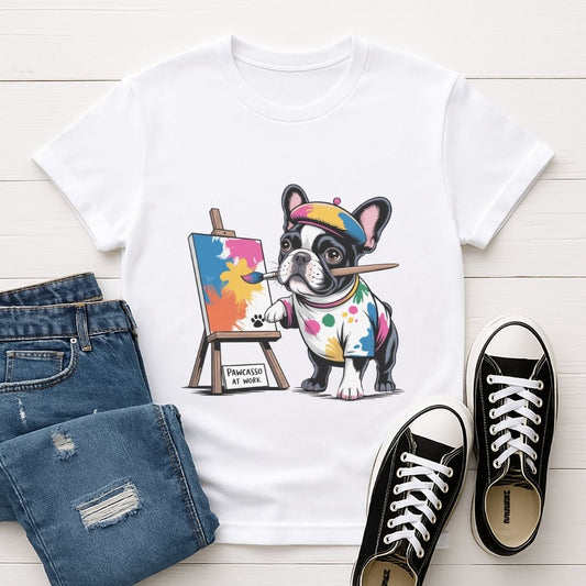 White Gildan 6400 unisex t-shirt with retro dog graphic and ‘Pawcasso At Work text, perfect for dog lovers.