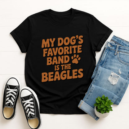 Black Gildan 6400 unisex t-shirt with retro dog graphic and ‘My Dog's Favorite Band Is The Beagles’ text, perfect for dog lovers.