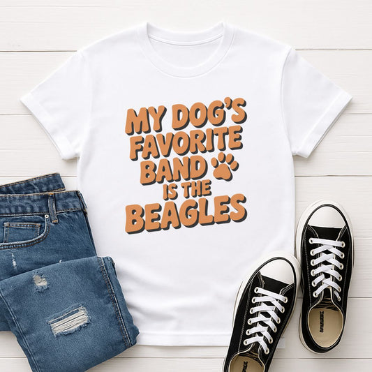 White Gildan 6400 unisex t-shirt with retro dog graphic and ‘My Dog's Favorite Band Is The Beagles’ text, perfect for dog lovers.