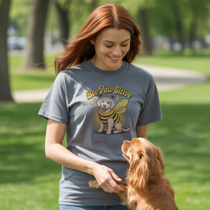 Sport Gray unisex t-shirt with retro dog graphic and ‘Bee Paw-Sitive’ text, perfect for dog lovers.