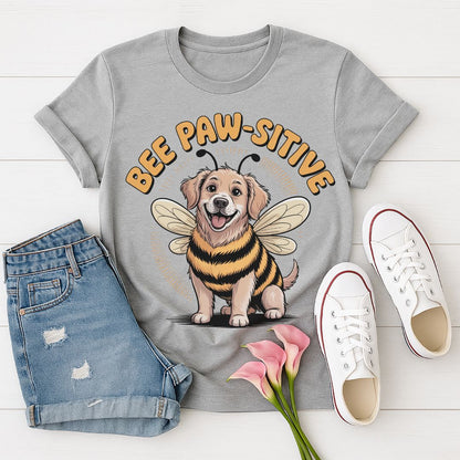 Sport Gray Gildan 6400 unisex t-shirt with retro dog graphic and ‘Bee Paw-sitive’ text, perfect for dog lovers.