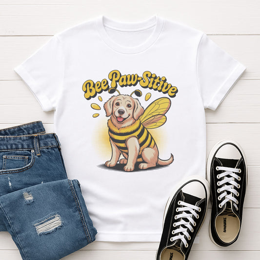 White Gildan 6400 unisex t-shirt with retro dog graphic and ‘Bee Paw-Sitive’ text, perfect for dog lovers.