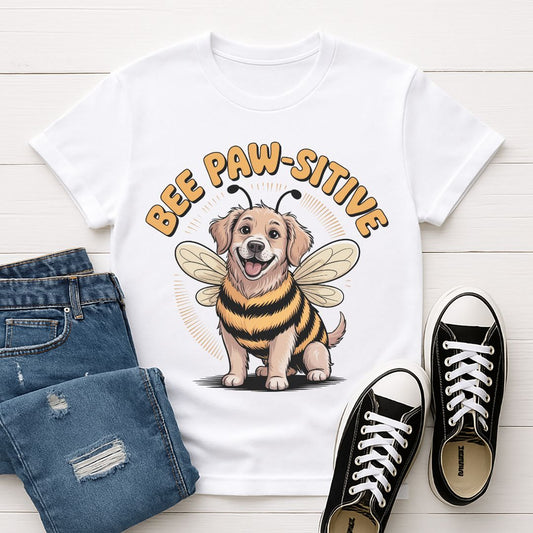 White Gildan 6400 unisex t-shirt with retro dog graphic and ‘Bee Paw-sitive’ text, perfect for dog lovers.
