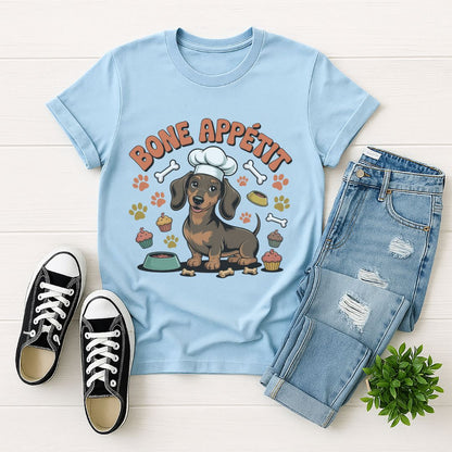 Light blue Gildan 6400 unisex t-shirt with retro dog graphic and ‘Bone Appetit' text, perfect for dog lovers.