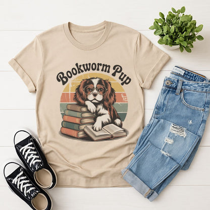 Sand Beige Gildan 6400 unisex t-shirt with retro dog graphic and ‘Bookworm Pup’ text, perfect for dog lovers.