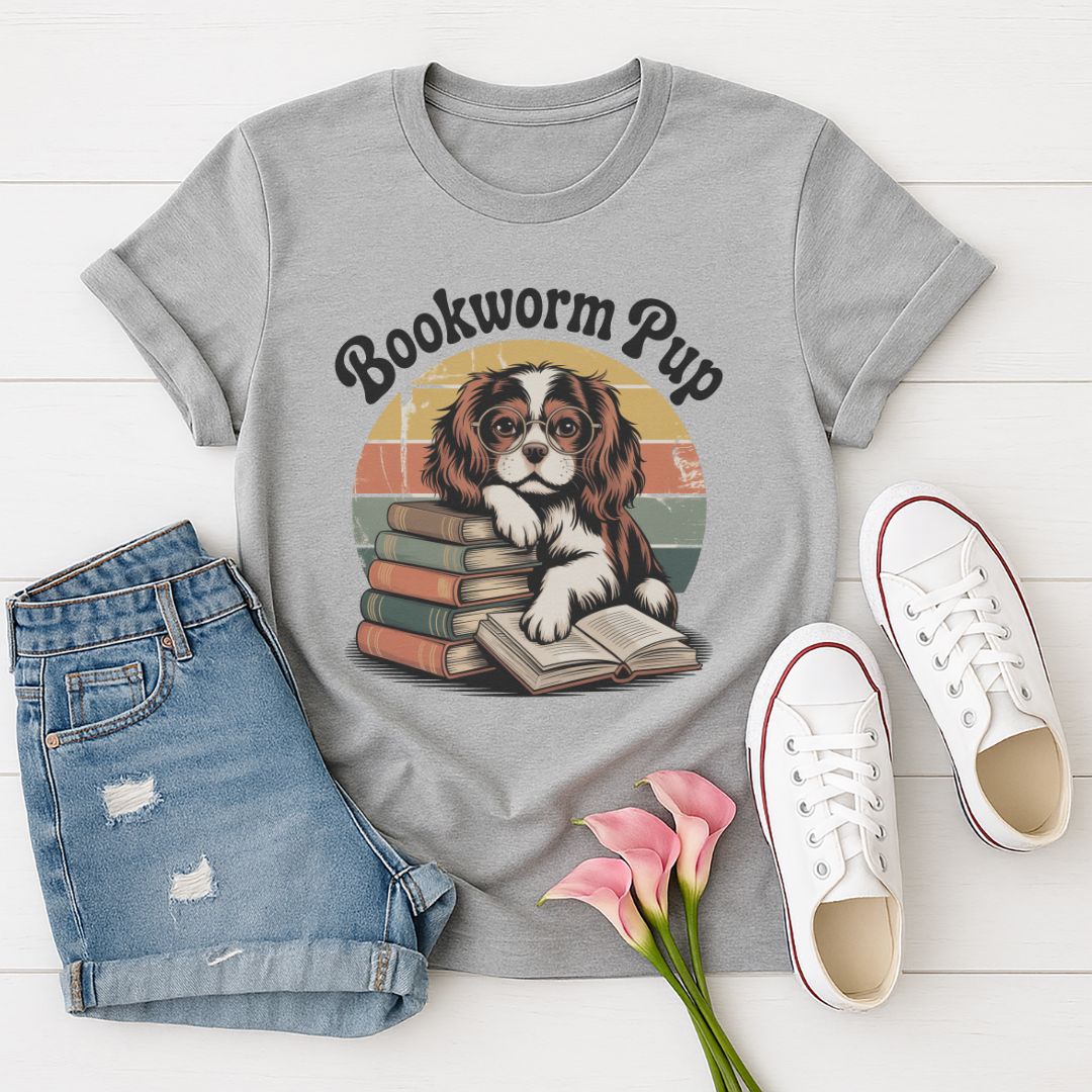 Sport Gray Gildan 6400 unisex t-shirt with retro dog graphic and ‘Bookworm Pup’ text, perfect for dog lovers.