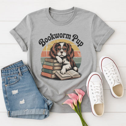 Sport Gray Gildan 6400 unisex t-shirt with retro dog graphic and ‘Bookworm Pup’ text, perfect for dog lovers.