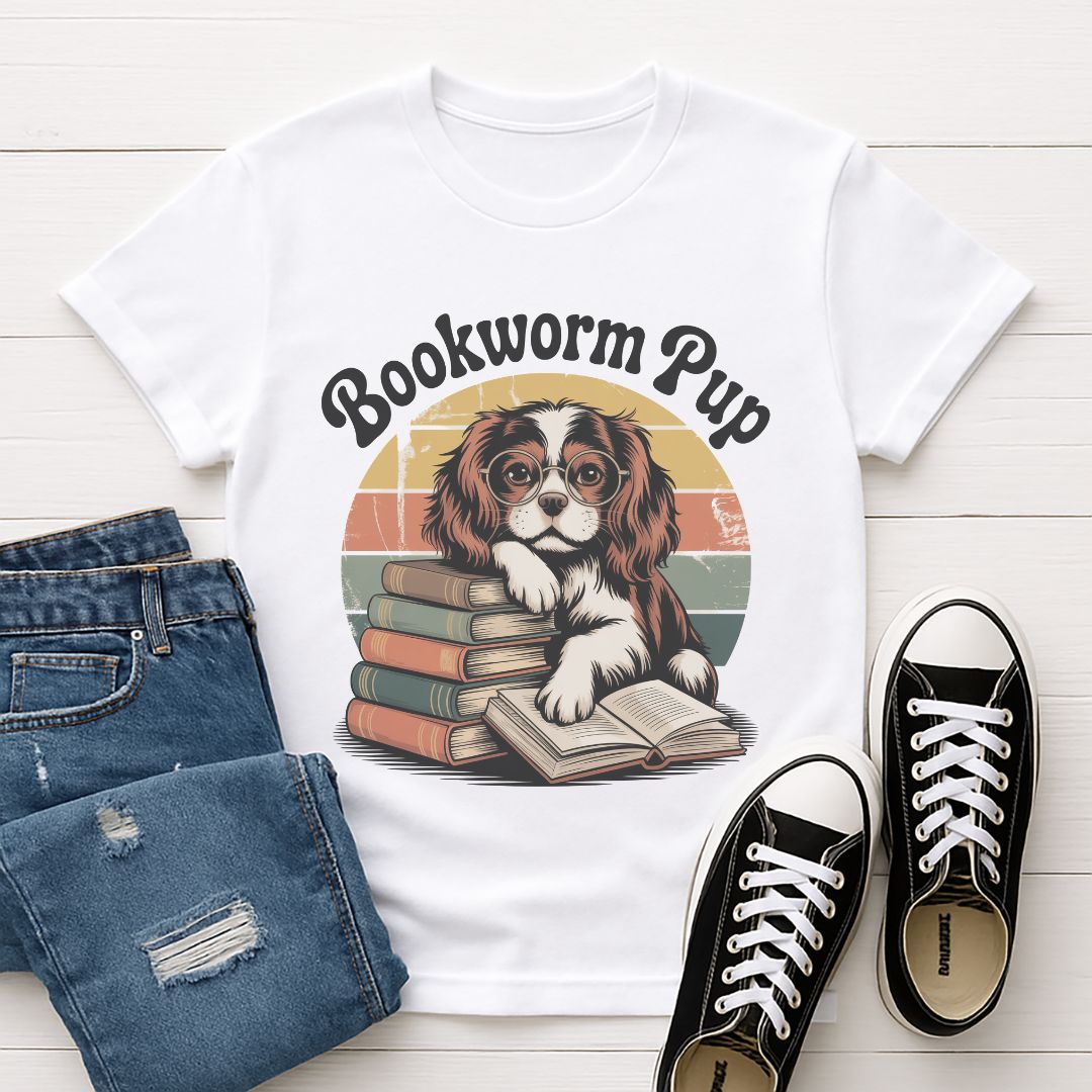 White Gildan 6400 unisex t-shirt with retro dog graphic and ‘Bookworm Pup’ text, perfect for dog lovers.