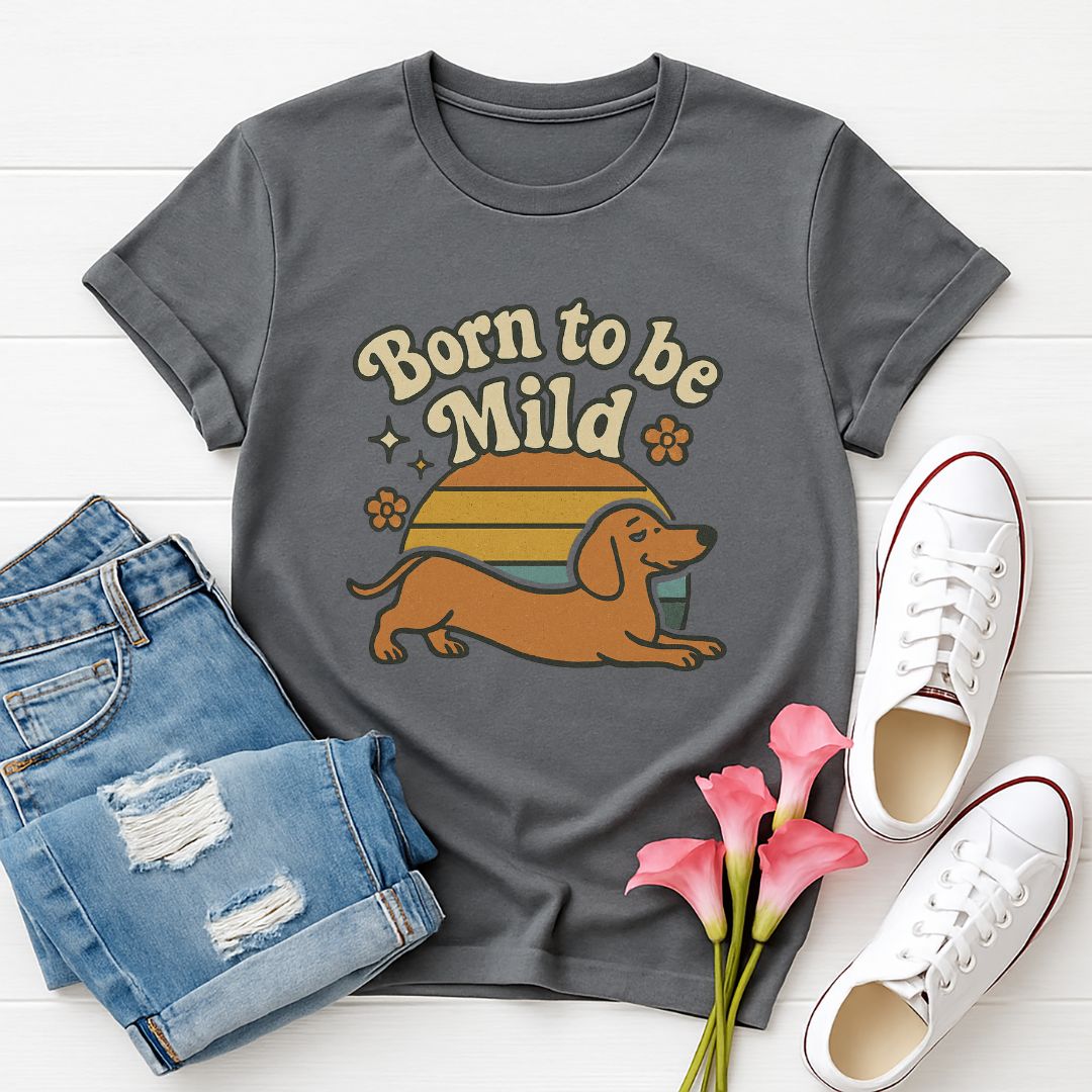 Charcoal Gray Gildan 6400 unisex t-shirt with retro dog graphic and ‘Born To Be Mild’ text, perfect for dog lovers.