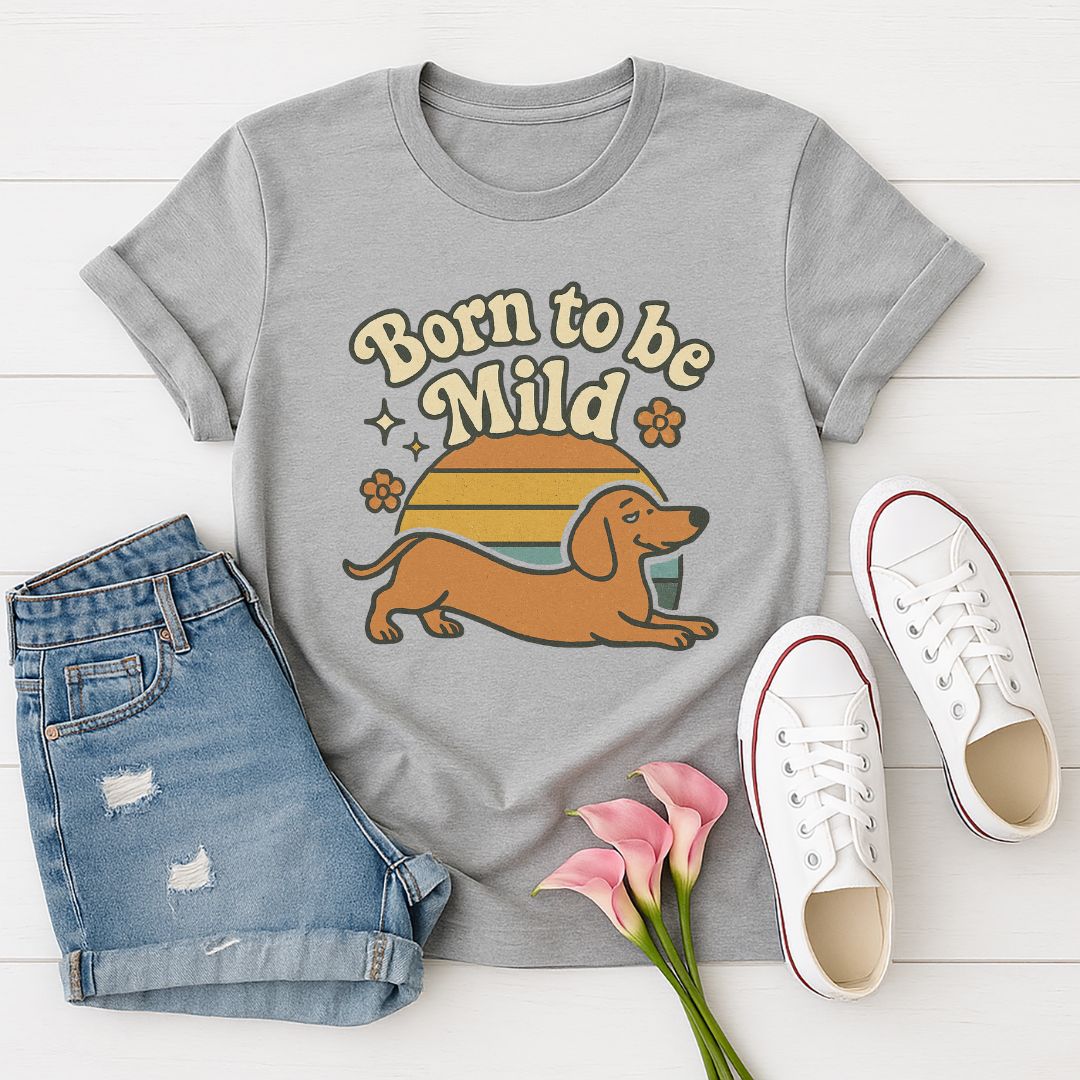 Sport Gray Gildan 6400 unisex t-shirt with retro dog graphic and ‘Born To Be Mild’ text, perfect for dog lovers.