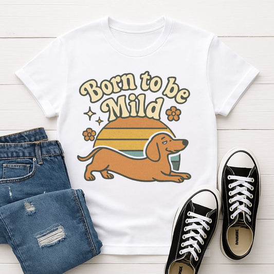 White Gildan 6400 unisex t-shirt with retro dog graphic and ‘Born To Be Mild’ text, perfect for dog lovers.