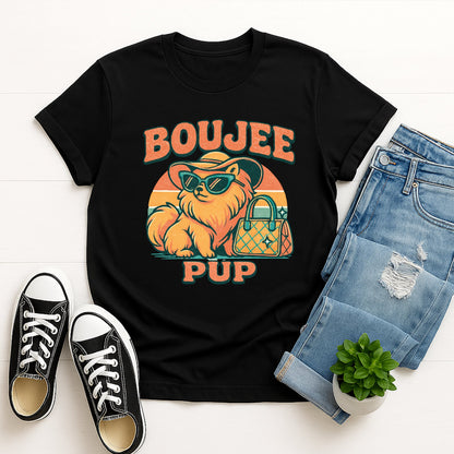 Black Gildan 6400 unisex t-shirt with retro dog graphic and ‘Boujee Pup’ text, perfect for dog lovers.