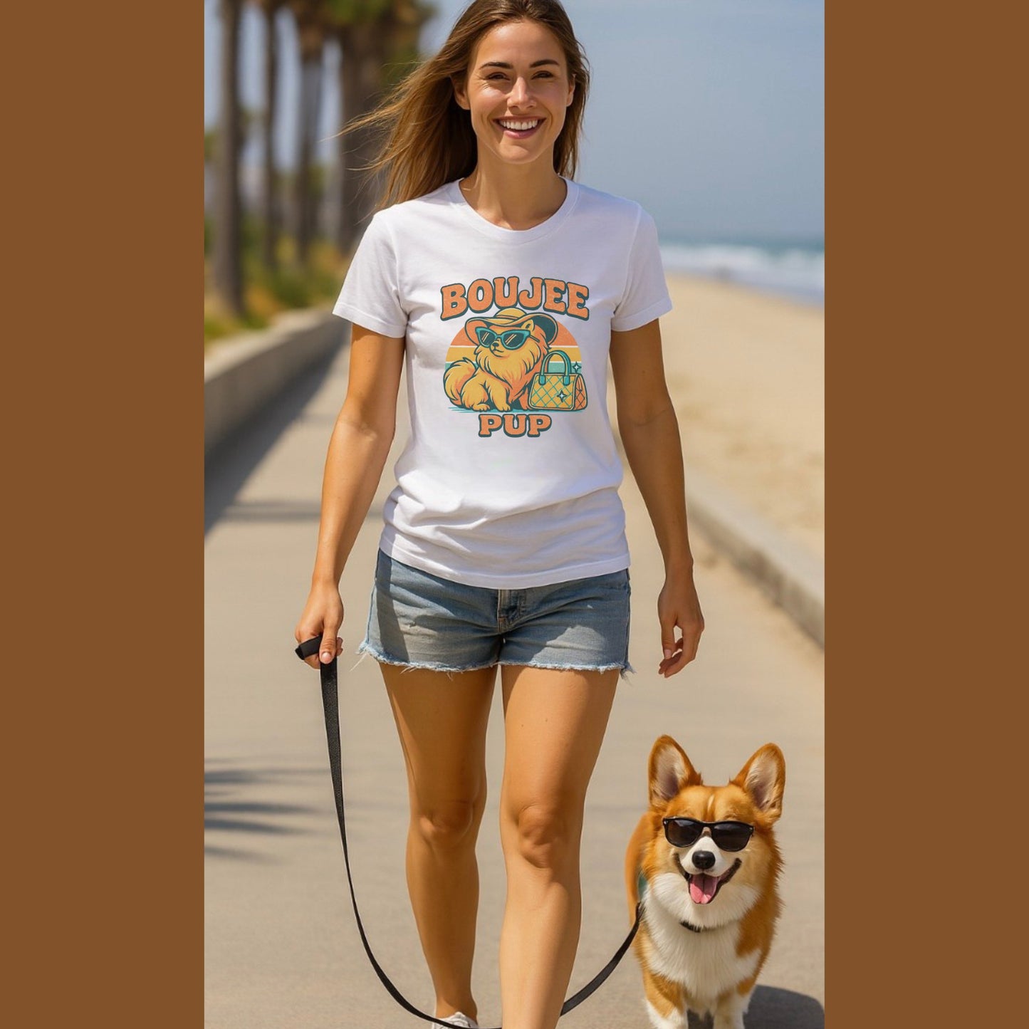 White unisex t-shirt with retro dog graphic and ‘Boujee Pup’ text, perfect for dog lovers.