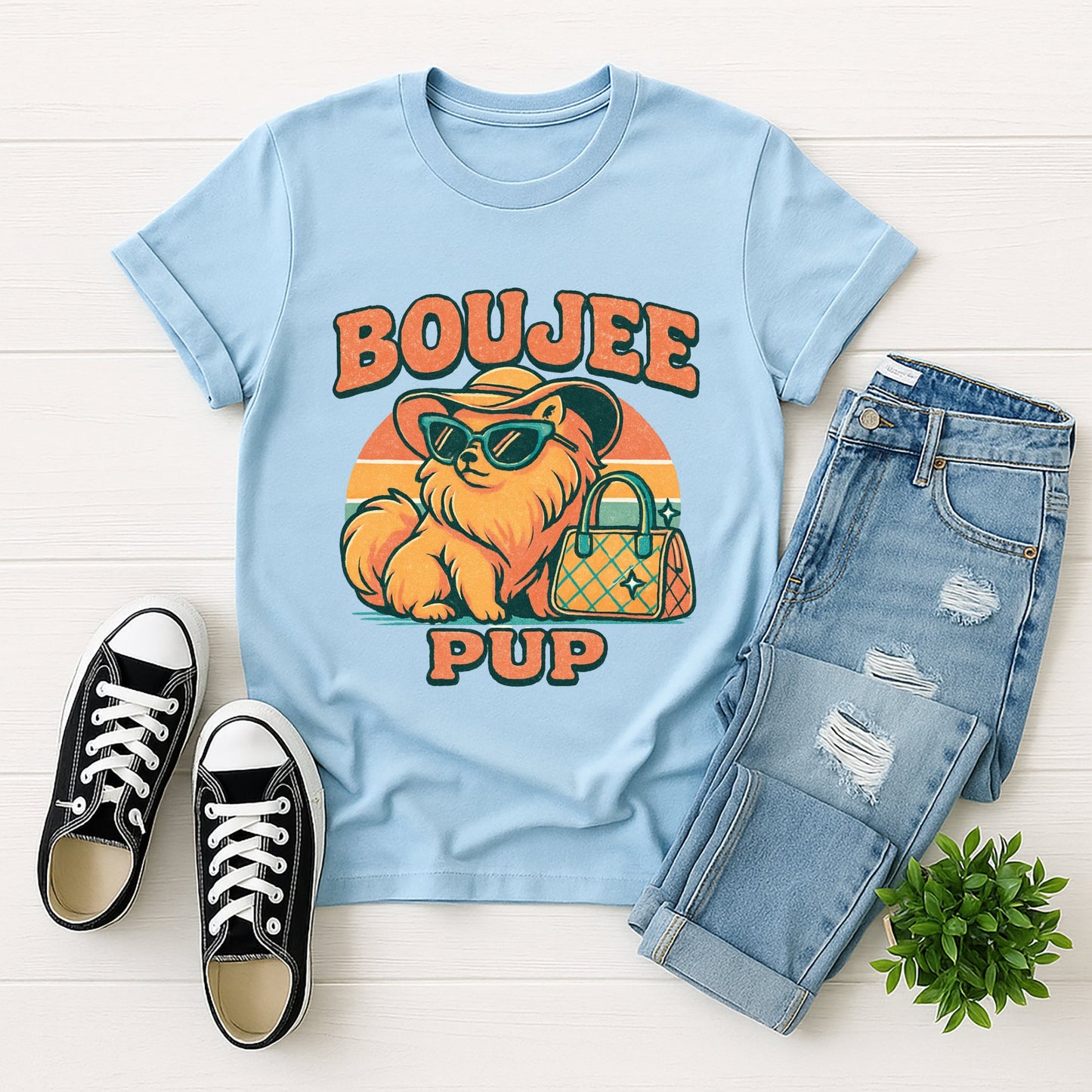 Light Blue Gildan 6400 unisex t-shirt with retro dog graphic and ‘Boujee Pup’ text, perfect for dog lovers.