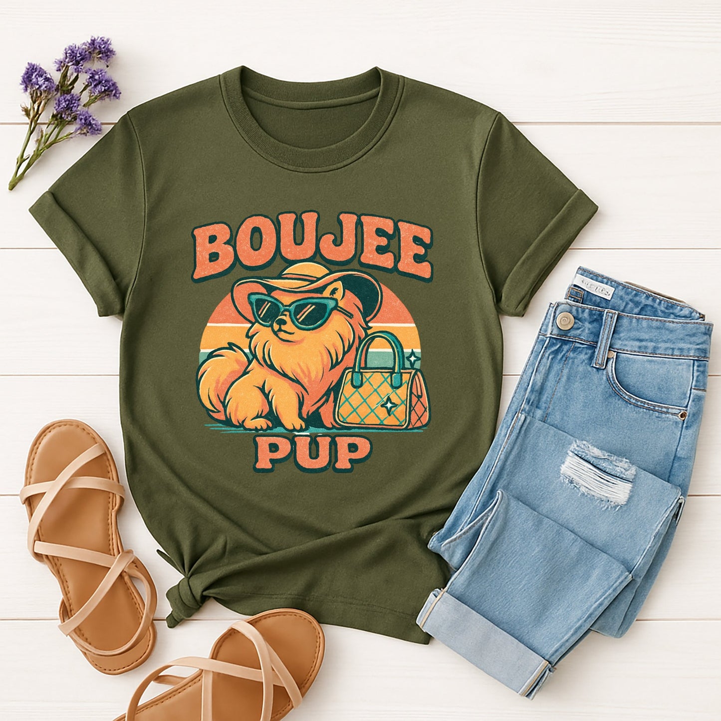 Military Green Gildan 6400 unisex t-shirt with retro dog graphic and ‘Boujee Pup’ text, perfect for dog lovers.