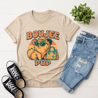 Sand Beige Gildan 6400 unisex t-shirt with retro dog graphic and ‘Boujee Pup’ text, perfect for dog lovers.