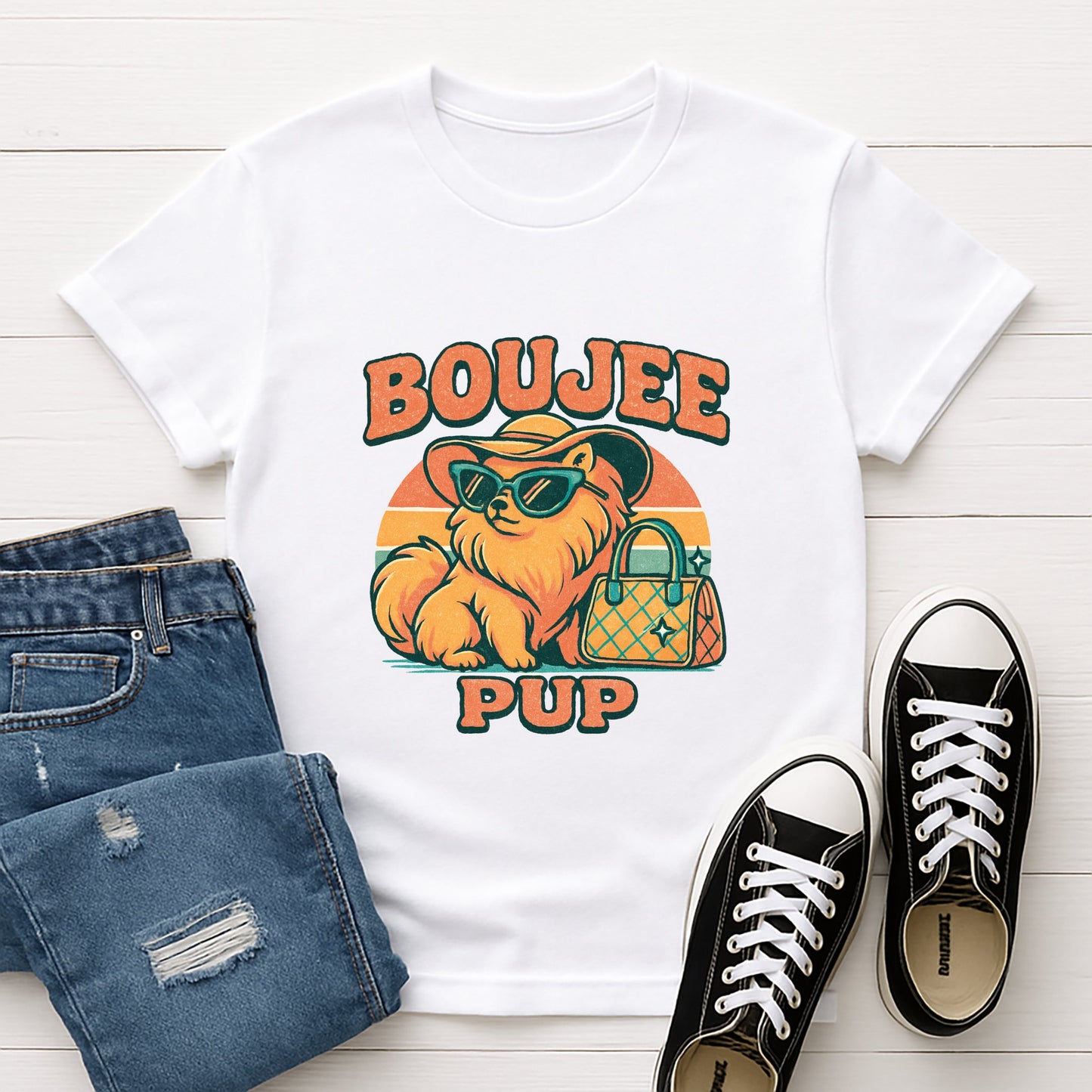White Gildan 6400 unisex t-shirt with retro dog graphic and ‘Boujee Pup’ text, perfect for dog lovers and pet owners.